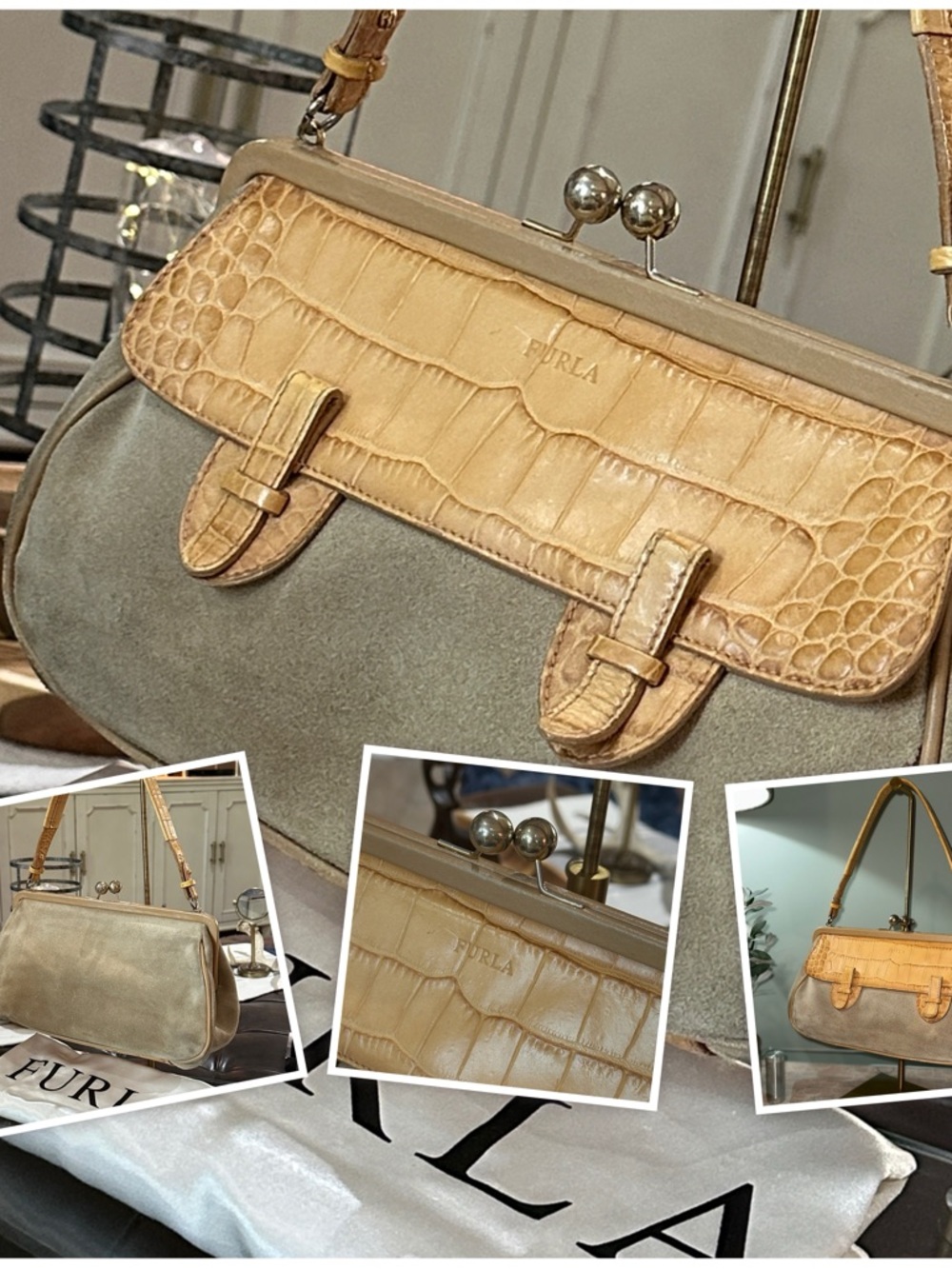 FURLA Crocodile Embossed Leather and Suede Kisslock Satchel, VGUC